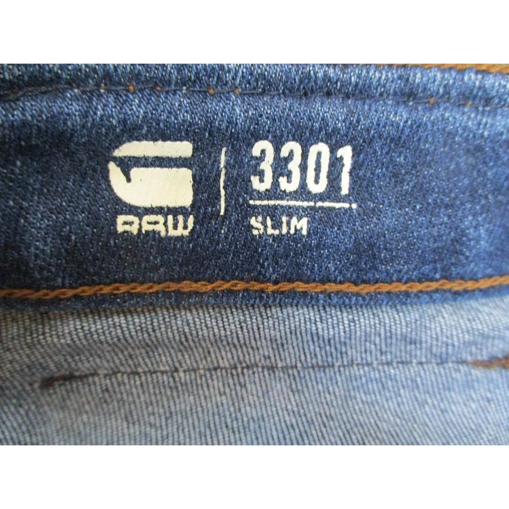 G-Star RAW 3301 Slim Jeans Mens 36x34 Blue Denim Button Fly Straight Fit Pants